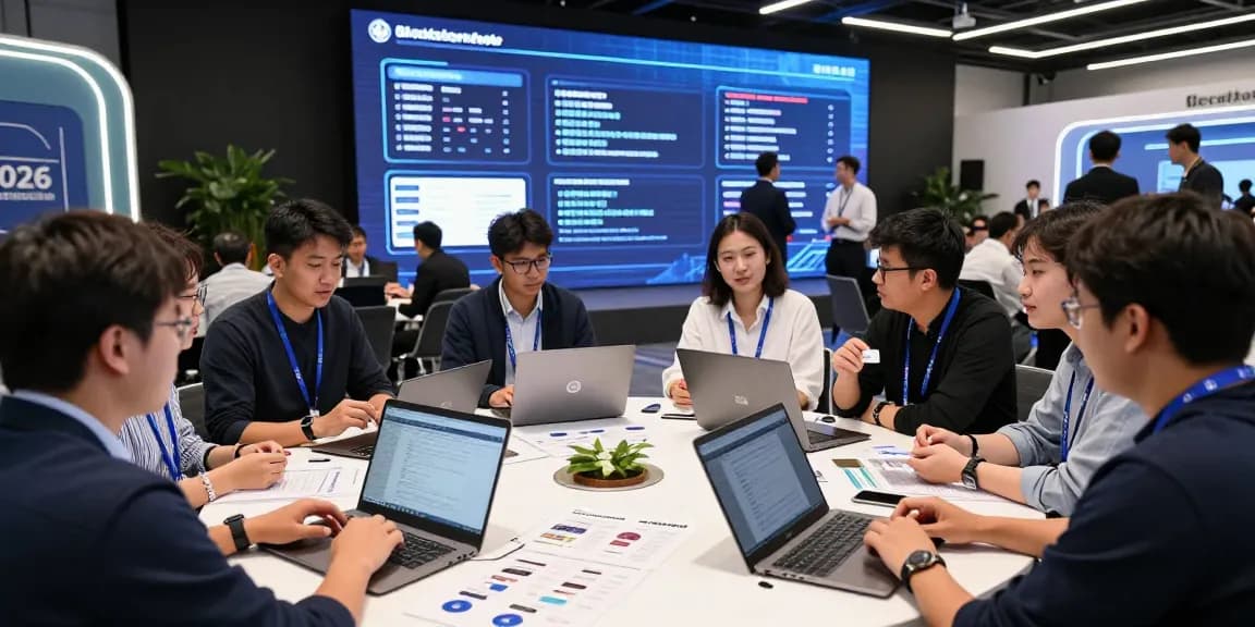 Blockchain 2026 conference scene showcasing diverse participants discussing innovations and analytics in an engaging environment.