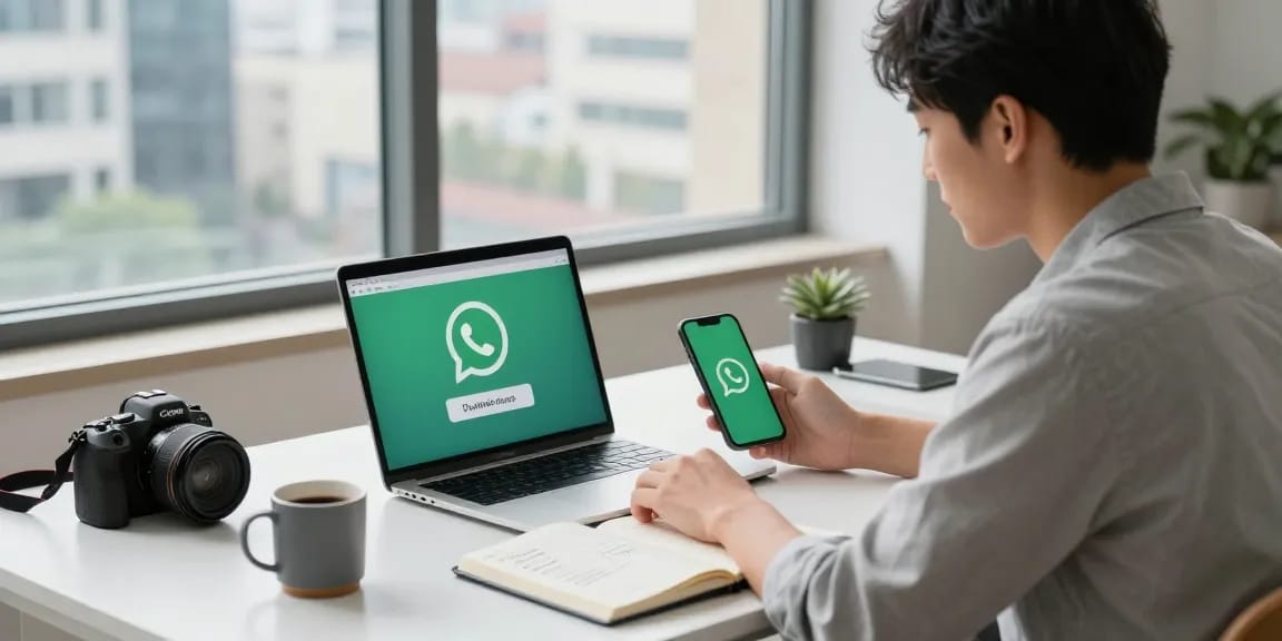 Downloading WhatsApp下載 on a laptop in a modern workspace with urban city views.