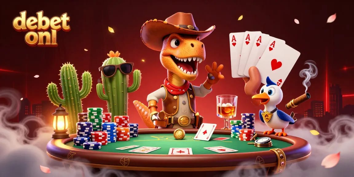 Experience the excitement of debet onl with this vibrant cartoon poker scene featuring a T-Rex, cactus, and roadrunner.