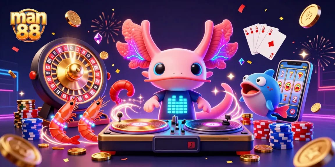 Experience the vibrant man 88 casino scene with a neon axolotl DJ spinning golden vinyl, surrounded by lively dancing sea creatures.