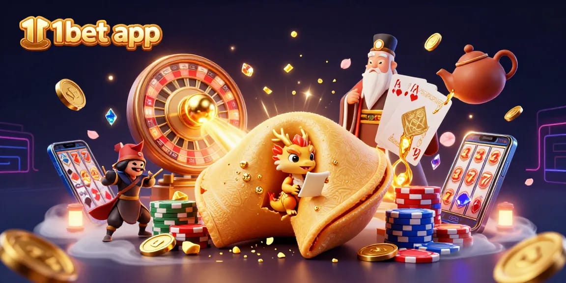 The 11bet app showcases an engaging 3D illustration of a golden fortune cookie, a wise dragon, and dynamic casino elements.