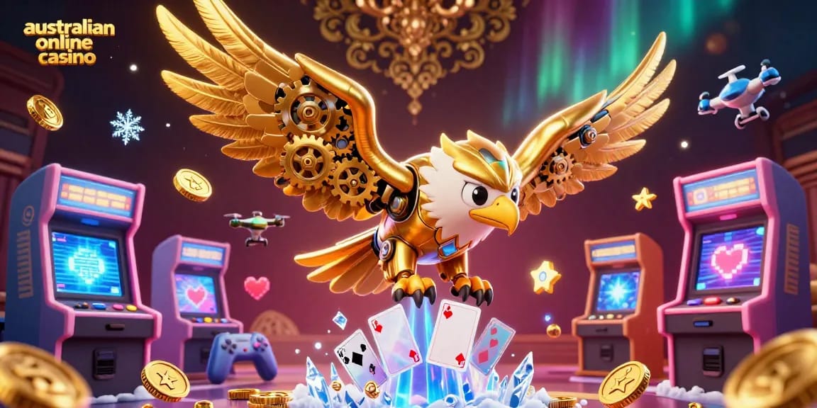 Engage with the vibrant world of australian online casino featuring a diving golden eagle, playing cards, and arcade machines.