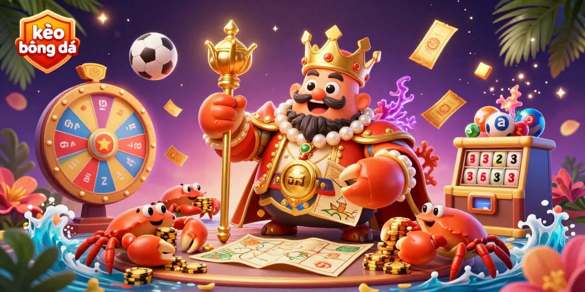 Experience the thrilling world of kèo bóng đá with colorful sports betting elements and a royal crab emperor.