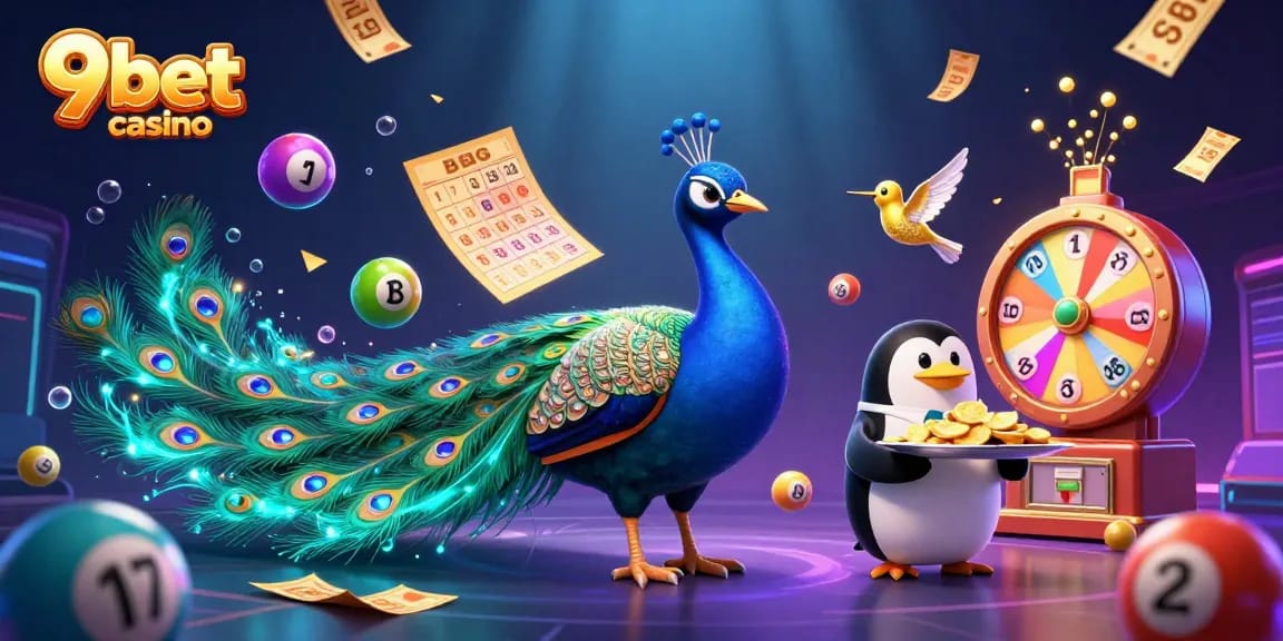 Play thrilling games at 9bet casino with vibrant graphics of a peacock and dynamic lottery elements.