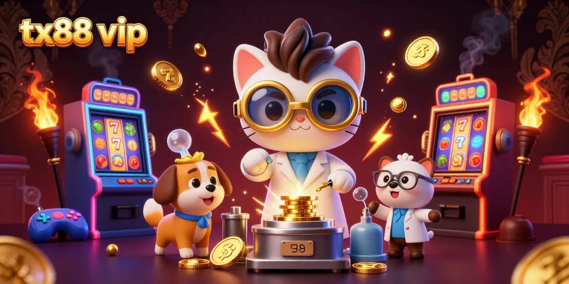 Experience thrilling entertainment with tx88 vip, featuring a mad scientist cat and a lab assistant in a vibrant casino setting.