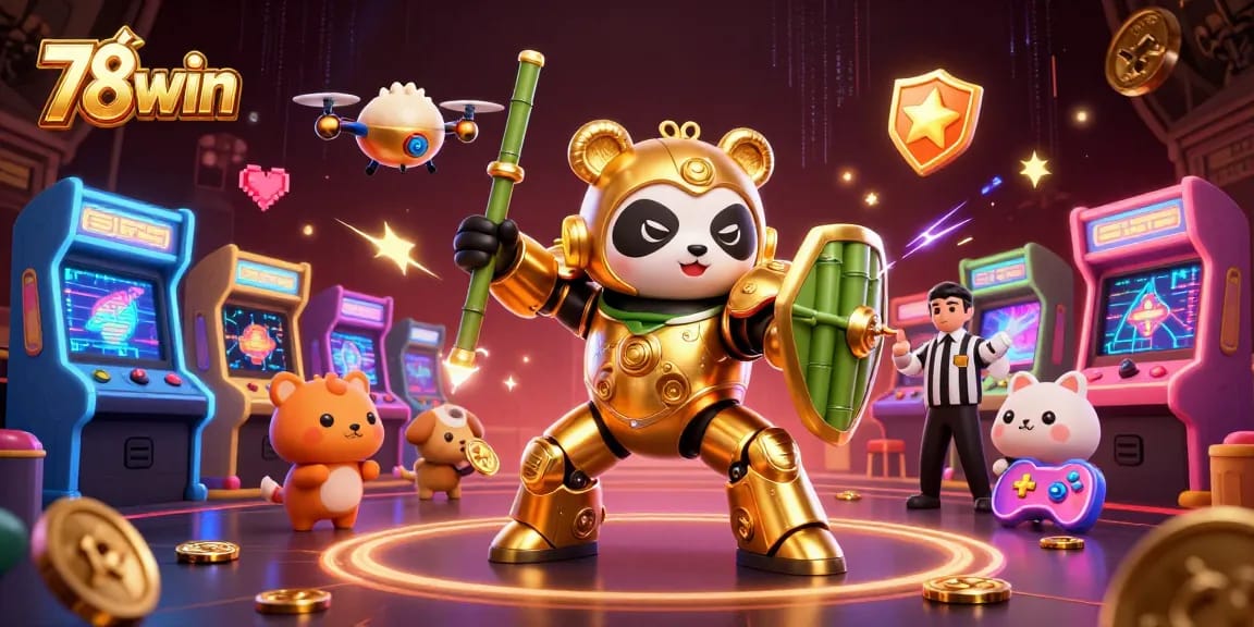 Experience excitement at 78win with a golden panda piloting a robot in a vibrant casino scene.