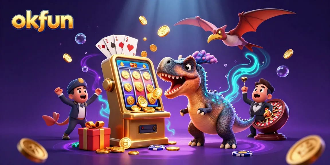 okfun's vibrant jackpot scene featuring cartoon dinosaurs, slot machines, and flying coins illustrating excitement.