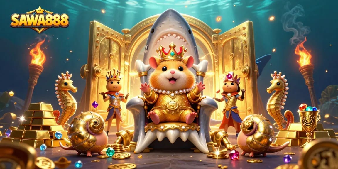 Experience SAWA888's golden hamster king ruling a treasure-filled casino realm, surrounded by delightful characters.