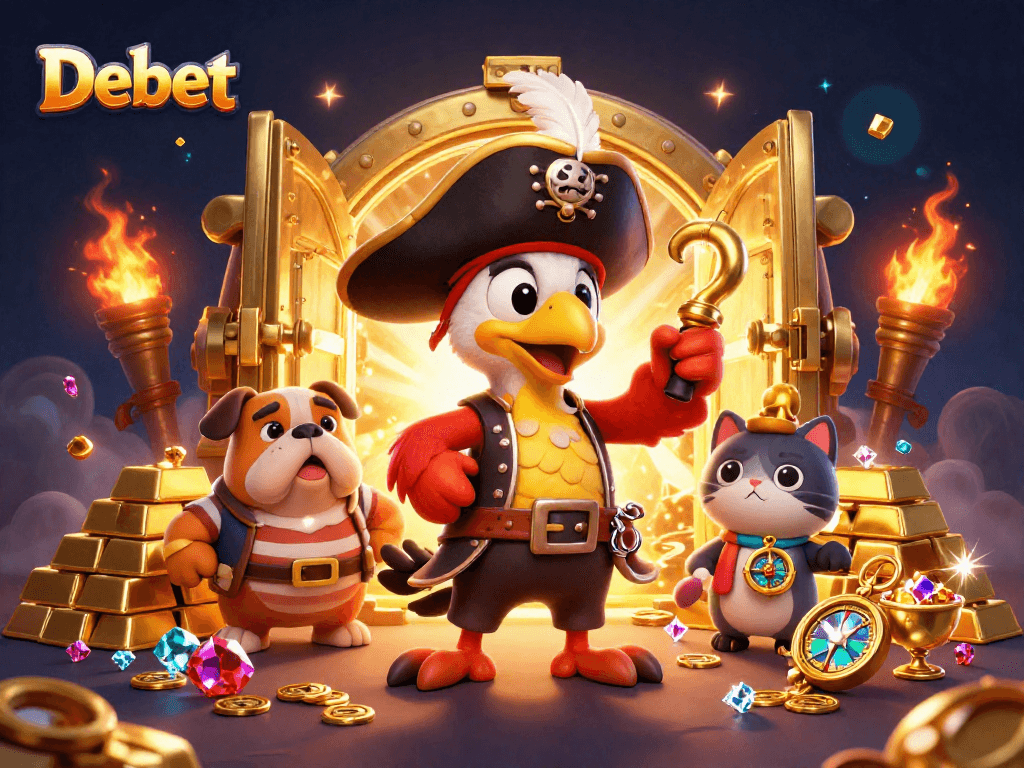 Experience thrilling gameplay at Debet with a vibrant scene filled with treasures and animated characters.