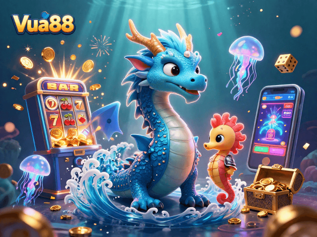 Experience thrilling games at Vua88 with a dazzling jackpot scene featuring dynamic casino elements and vibrant characters.