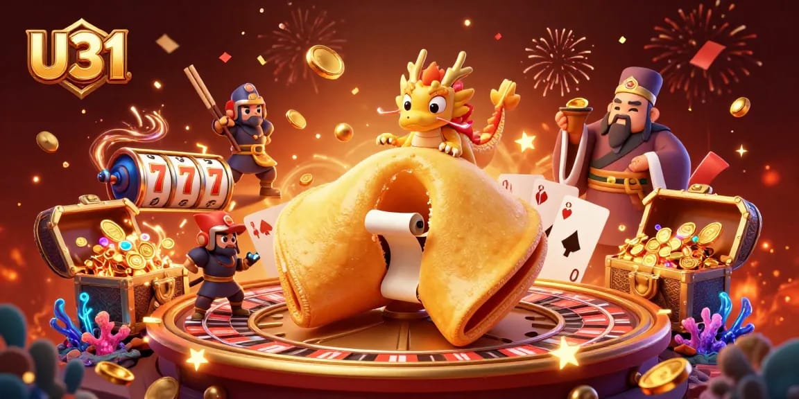 U31 offers exciting casino adventures with a dynamic scene of a joyful fortune cookie and lucky characters.