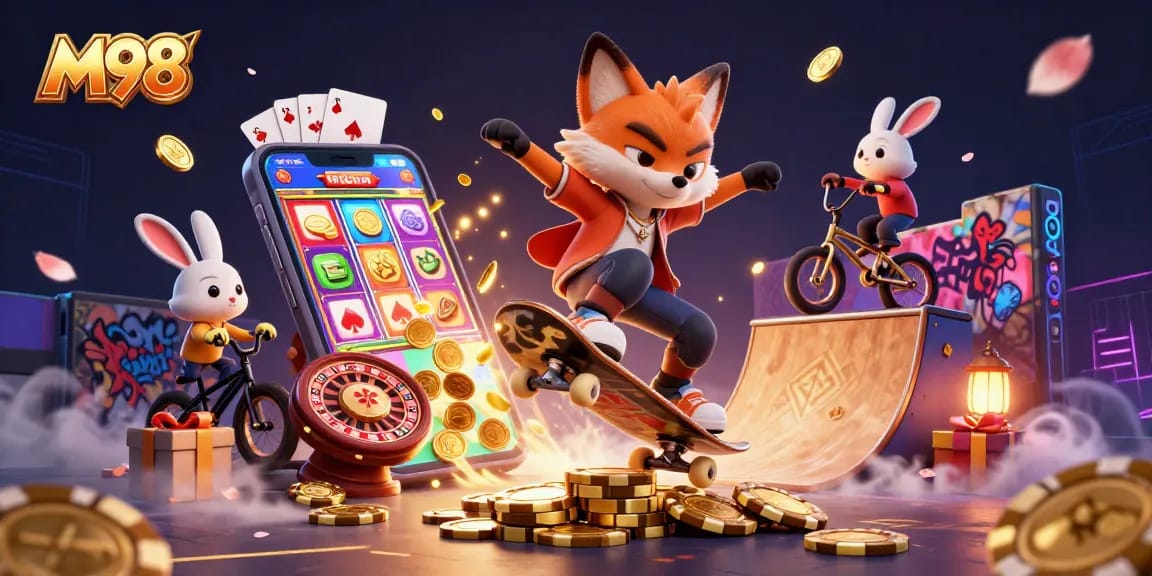 M98 spins the reels with a vibrant scene of a piggy bank and golden poker chips, showcasing exciting casino wins.