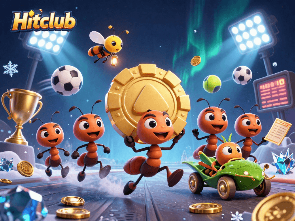 Hitclub features a 3D cartoon team extracting a large poker chip amidst flying sports balls in a dynamic casino heist scene.