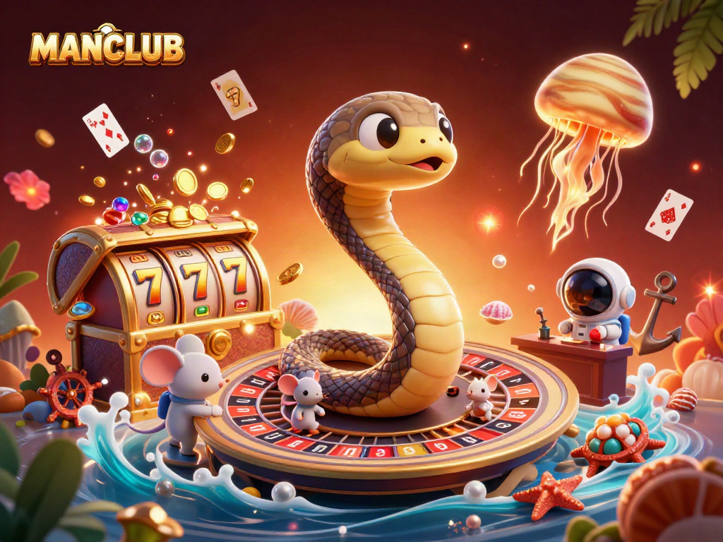 Bet on the MANCLUB roulette with astronaut mice and vibrant slot reels in a cosmic casino scene.