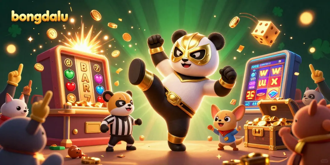 bongdalu scores high with vibrant casino scene featuring a wrestler panda kicking, surrounded by joyous cheering animals