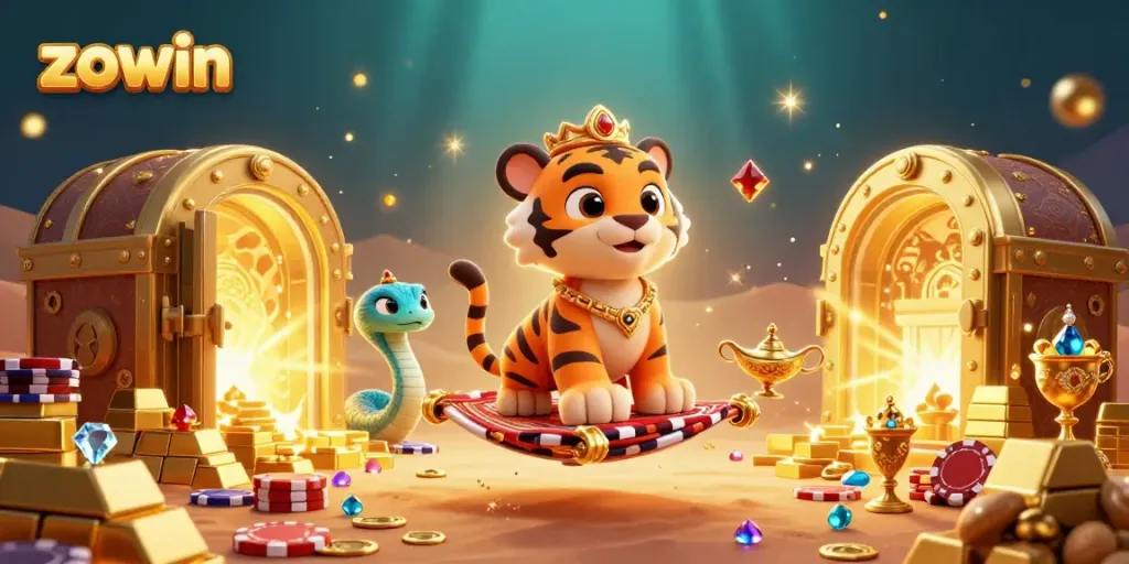 Zowin promotes excitement with a vibrant Arabian Nights scene featuring a sultan, snake genie, and treasure.