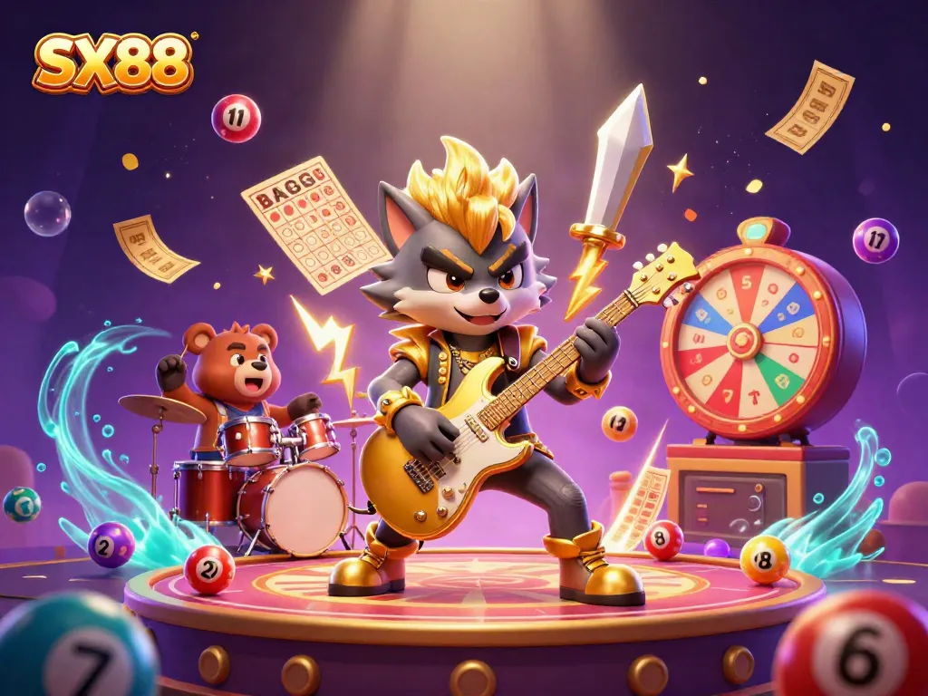SX88 casino excitement with 3D rock star wolf and drummer bear on stage surrounded by vibrant game elements