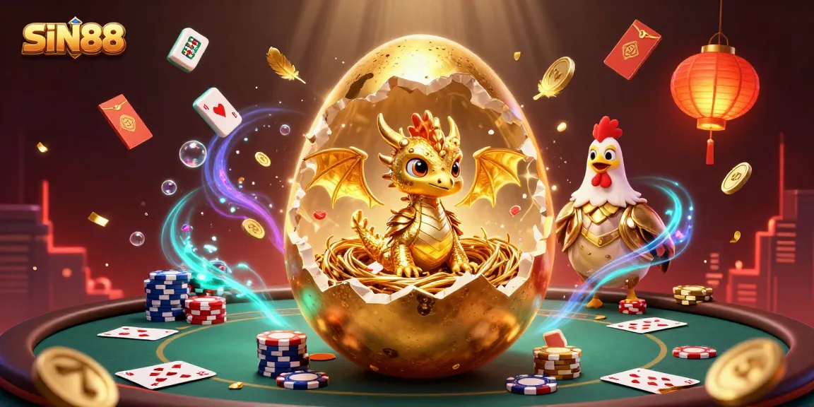 Engage with the exciting world of SIN88 as a golden egg reveals a magical golden dragon amidst gleaming poker chips.