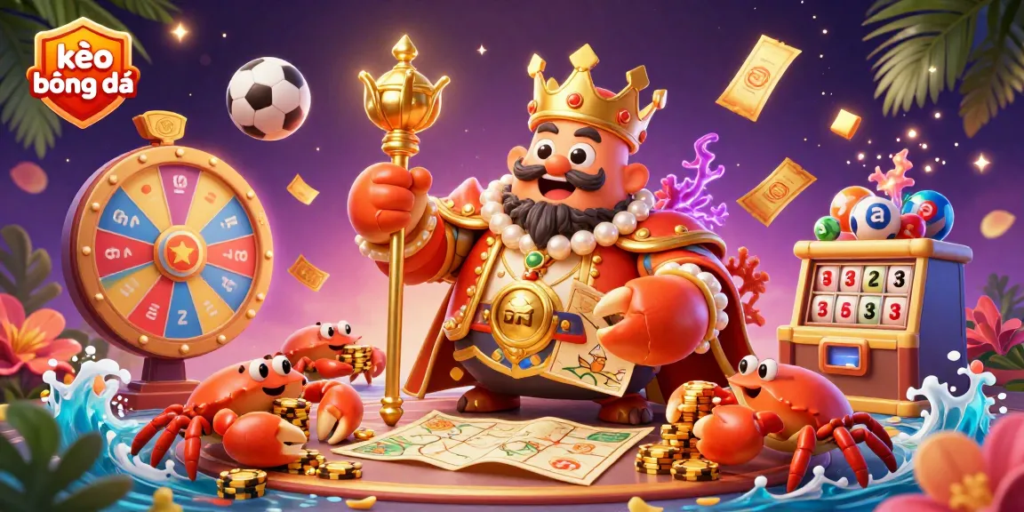Experience the thrilling world of kèo bóng đá with colorful sports betting elements and a royal crab emperor.