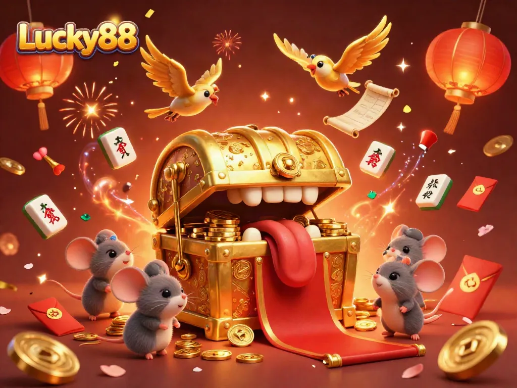 Experience the thrilling world of Lucky88 with adventurous mice and golden rewards in this vibrant scene.