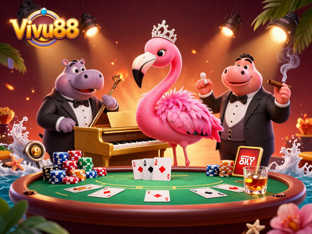 Engage with Vivu88's thrilling atmosphere through a vibrant scene featuring animated characters at a casino.