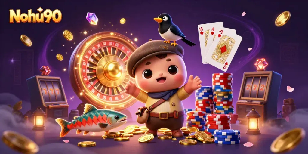 Nohu90 showcases a vibrant scene with a playful aquatic theme, revolving around slots and gaming excitement.