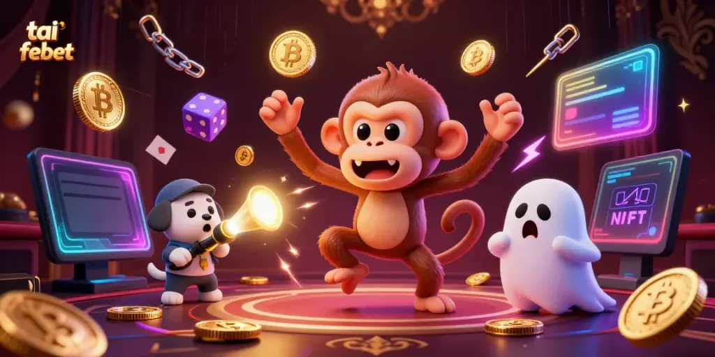 Engage in thrilling fun at tai febet with a poltergeist monkey juggling coins in a lively casino setting.