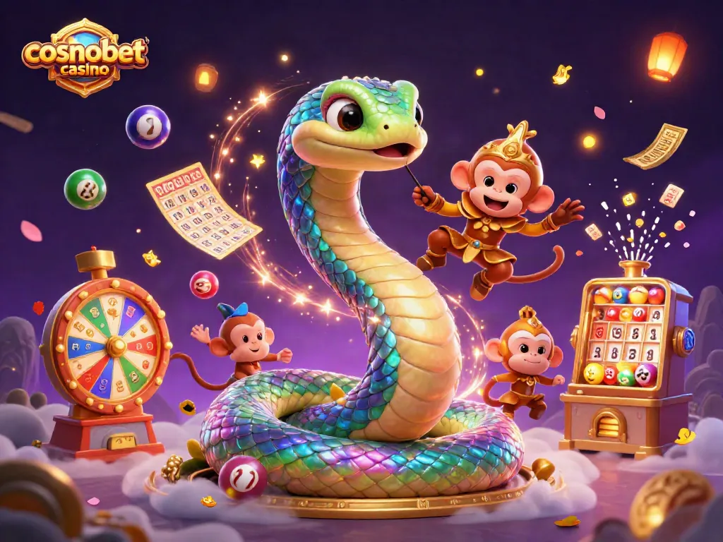 Enjoy top features at cosmobet casino with a vibrant scene of colorful lottery elements and a rainbow serpent.