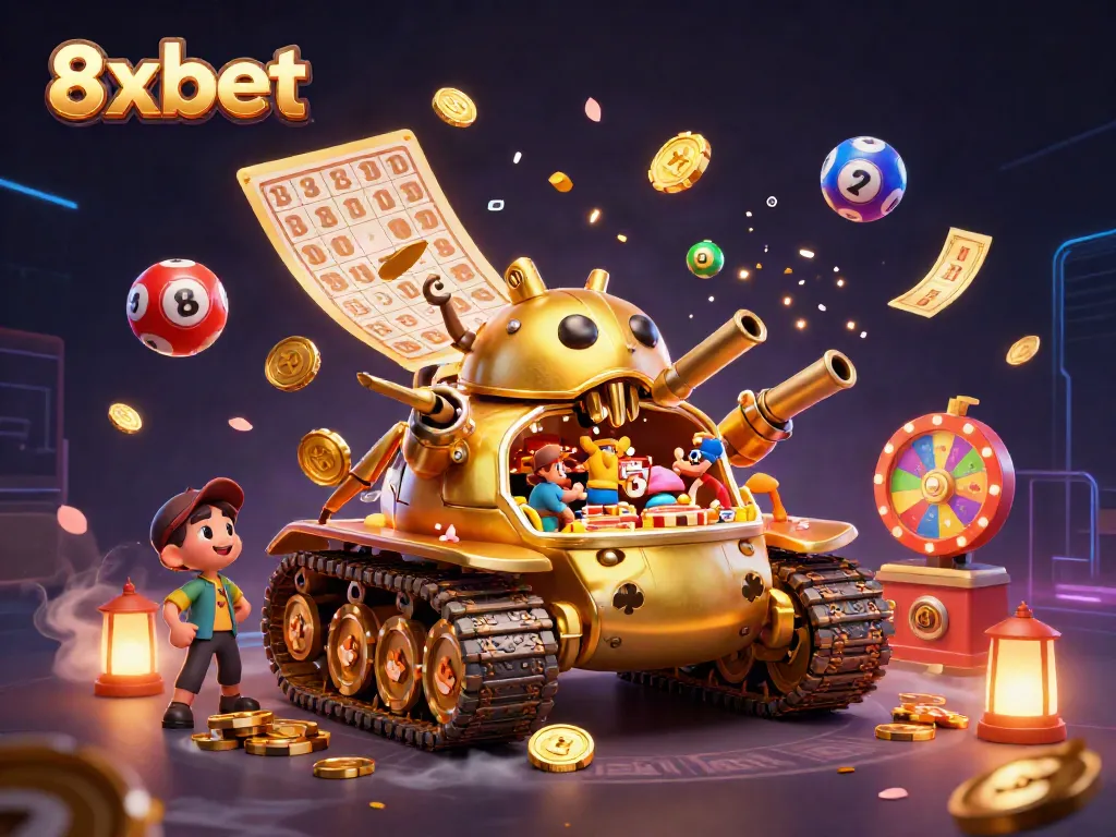 Experience 8xbet's exciting casino adventure in a vibrant, dynamic 3D illustration featuring lively game elements.