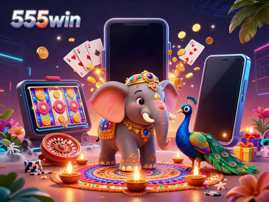 Engage with 555win's colorful 3D casino scene featuring a Diwali-themed elephant and vibrant gaming elements.
