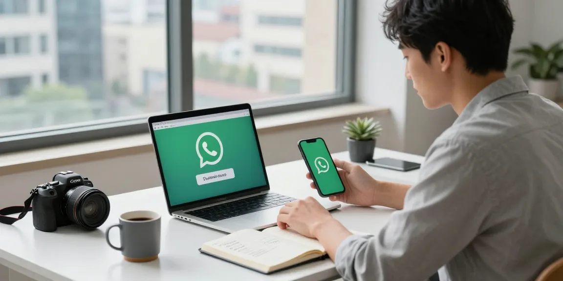 Downloading WhatsApp下載 on a laptop in a modern workspace with urban city views.