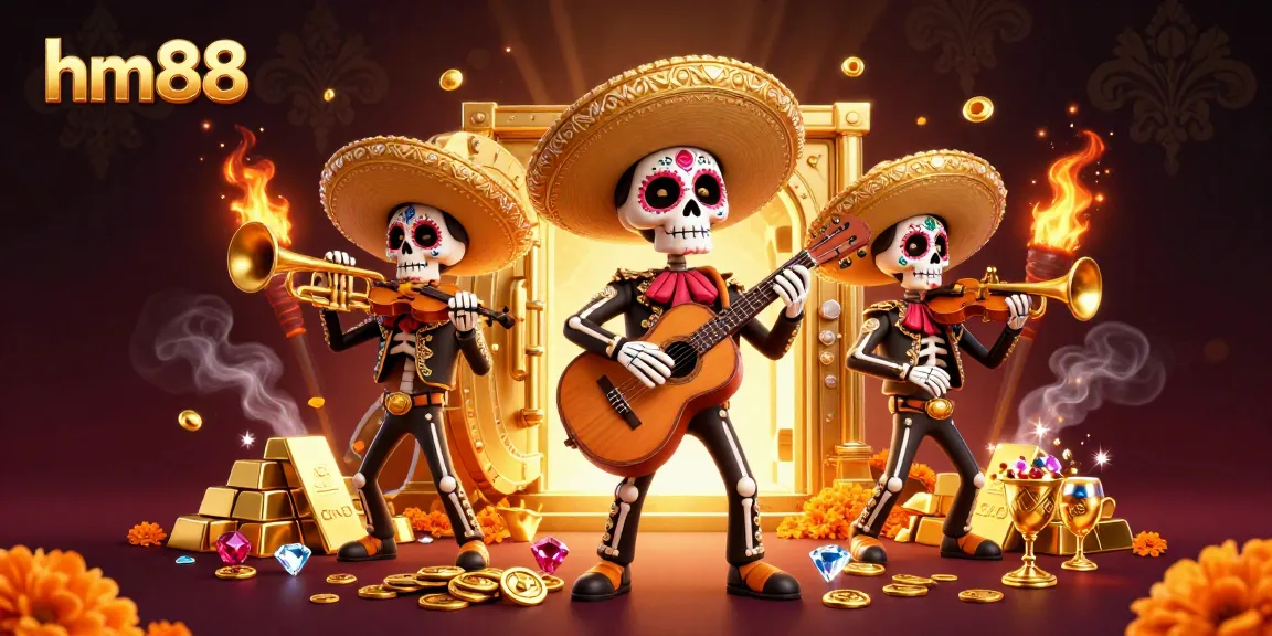 Experience the vibrant world of hm88 with a colorful mariachi band surrounded by gold treasures and jewels.