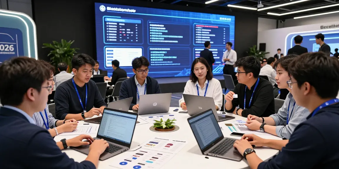 Blockchain 2026 conference scene showcasing diverse participants discussing innovations and analytics in an engaging environment.