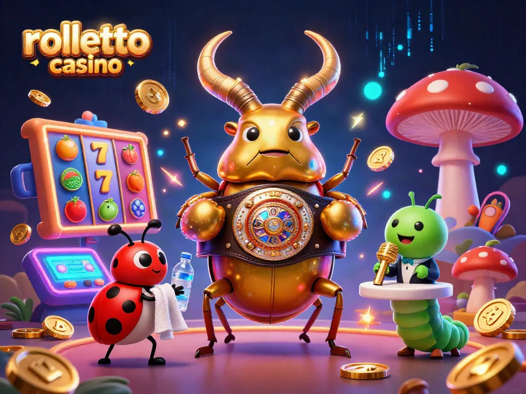Engaging illustration showcasing rolletto casino with a giant stag beetle and colorful slot machine elements.