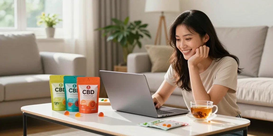 Shop CBD gummies at CBD North in a cozy home setting with colorful packaging and natural light.