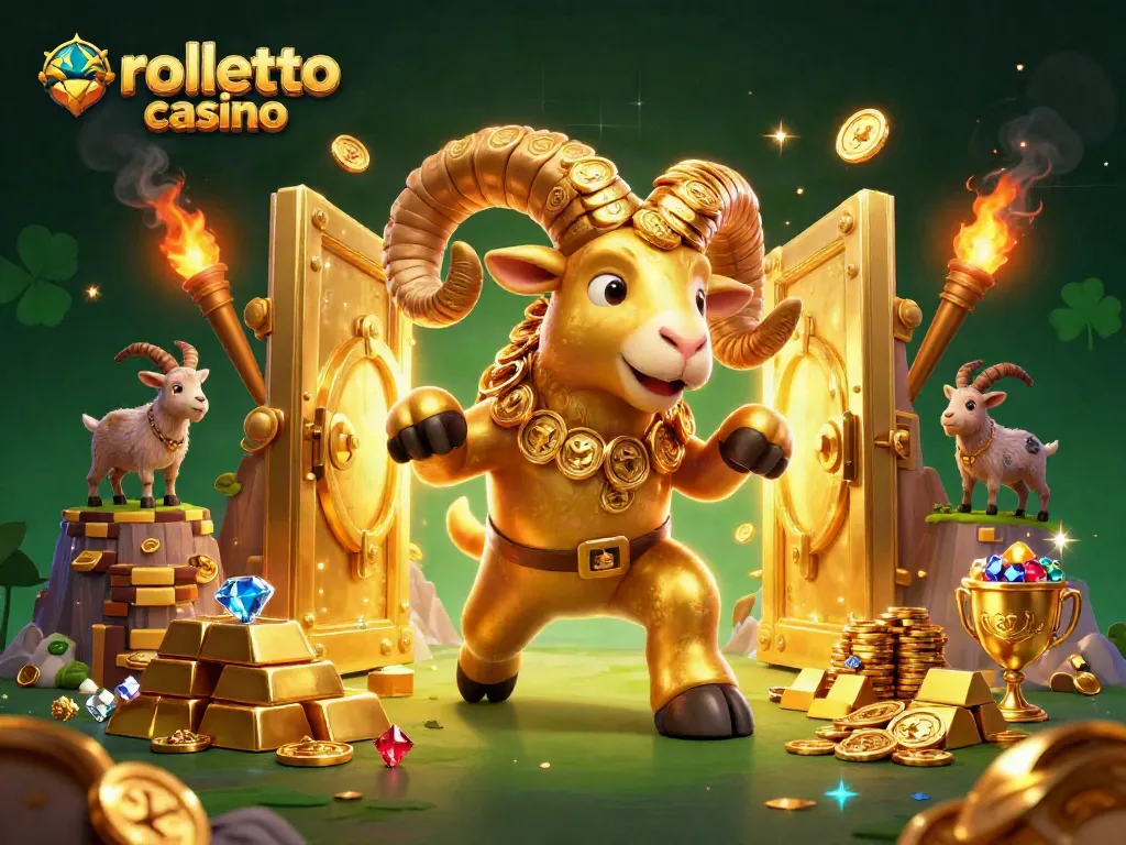 Experience the thrill of rolletto casino with a golden ram charging through a treasure-filled scene.