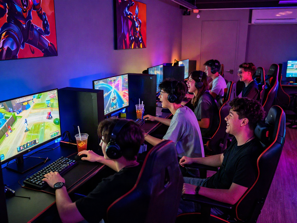 Friends enjoying an adult game session in a vibrant gaming lounge, illuminated by colorful LED lights.