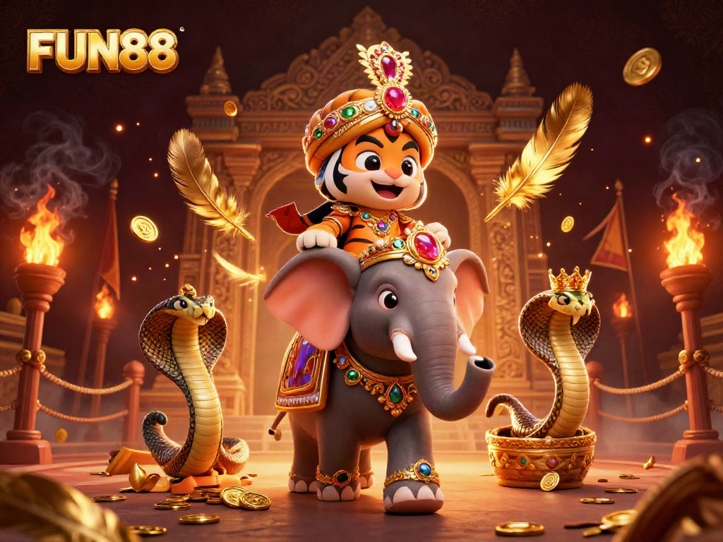 Experience the thrill of FUN88 with a vibrant and captivating casino-themed illustration featuring an elephant and a tiger.