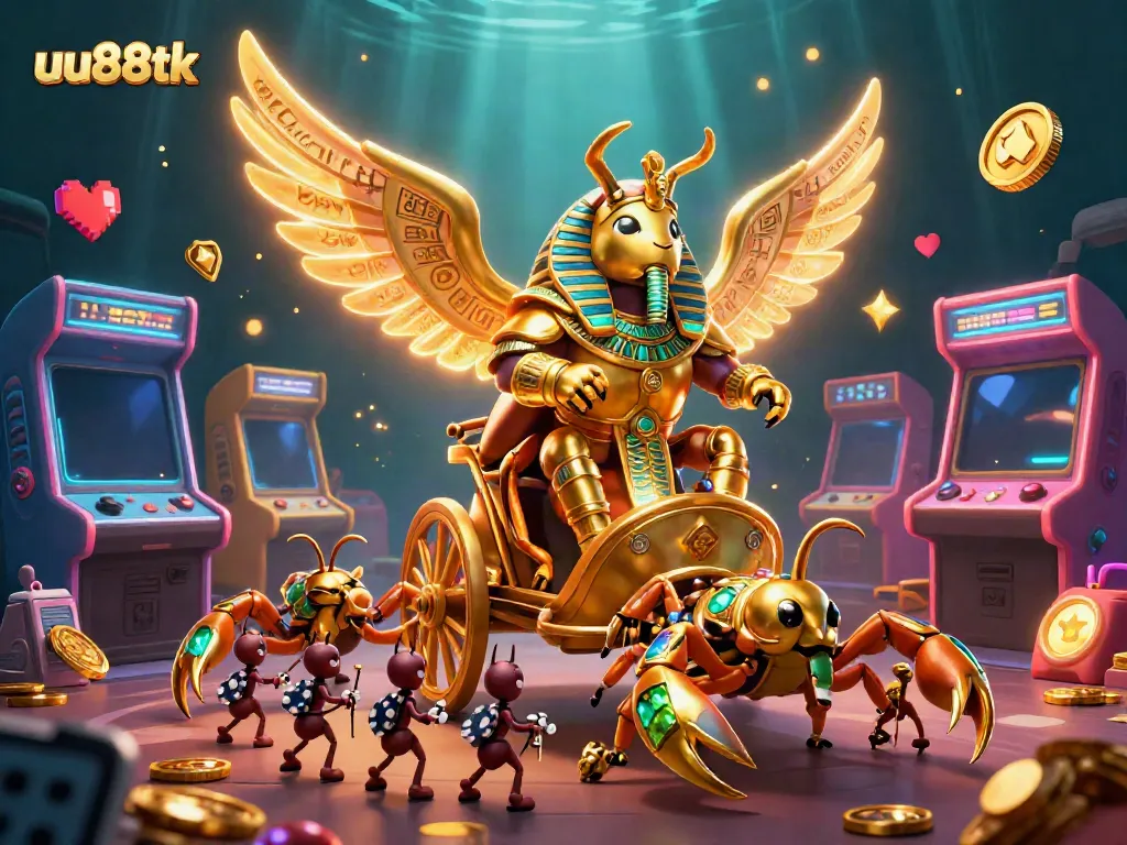 Engaging casino-themed scene featuring uu88tk with a golden scarab, scorpions, and poker chips.
