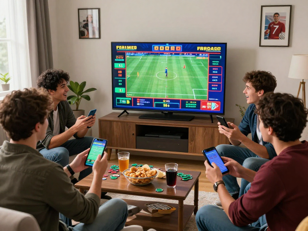 Friends engaging with TK1971 online casino and sports betting while enjoying live sports from home.