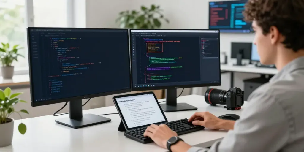 Tech workspace showing a professional focused on instant indexing documentation and coding.