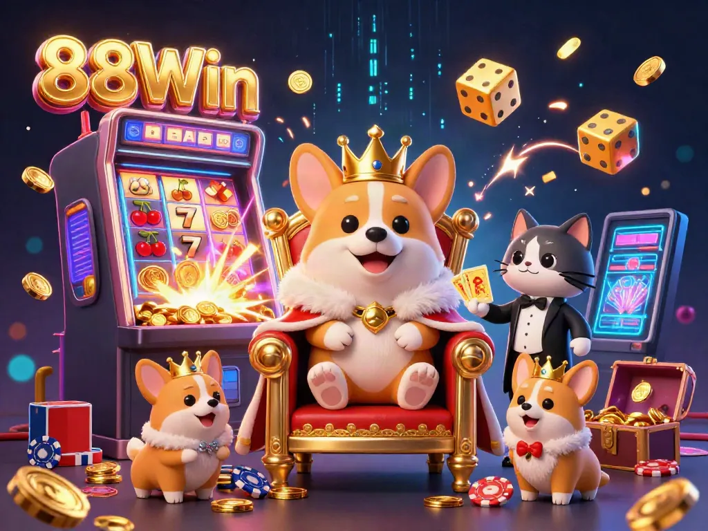 88Win offers a vibrant casino atmosphere with a royal corgi, a cat butler, and exciting game elements bursting with energy.
