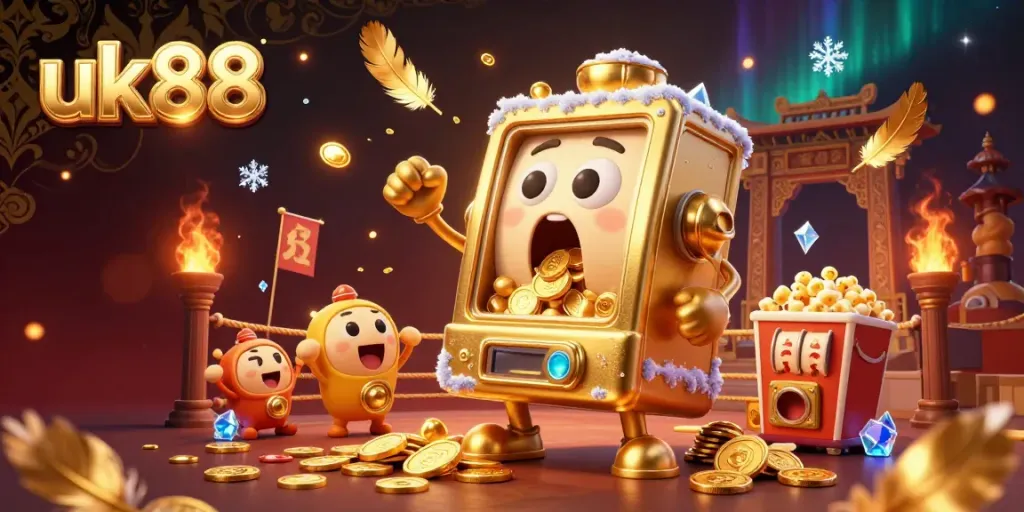 Experience the excitement of winning at uk88 with a cheerful golden slot machine hitting a jackpot.