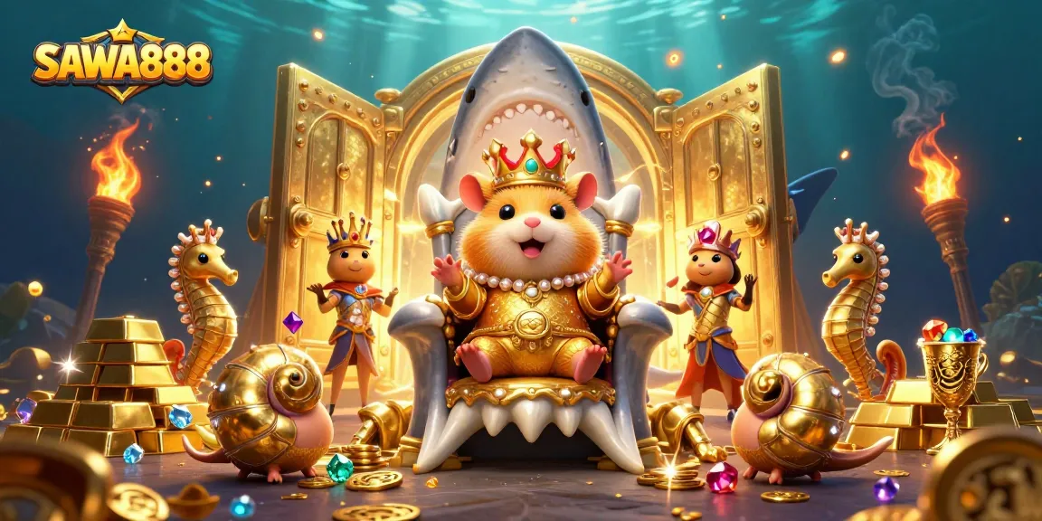 Experience SAWA888's golden hamster king ruling a treasure-filled casino realm, surrounded by delightful characters.
