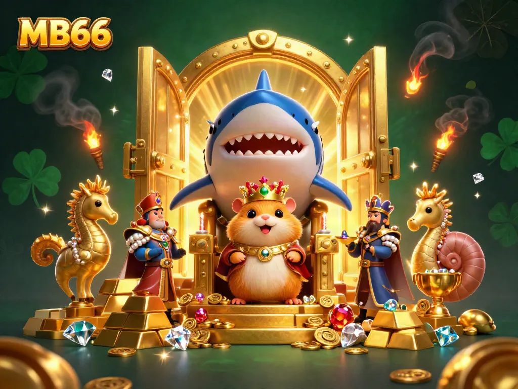 Experience excitement with MB66 as a golden hamster king rules over treasures and seahorse guards in a vibrant casino.