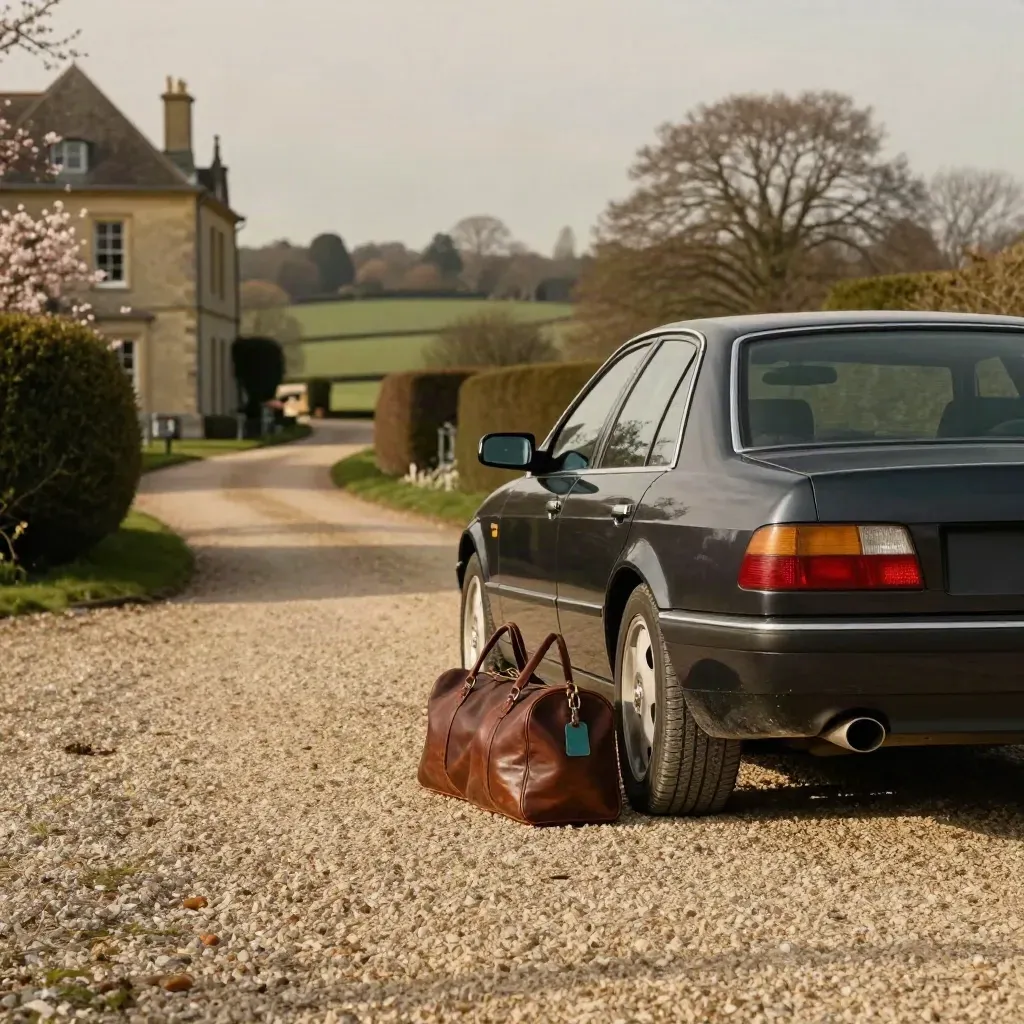 Dark estate car leaving a manor drive with leather weekend bags and blossom.