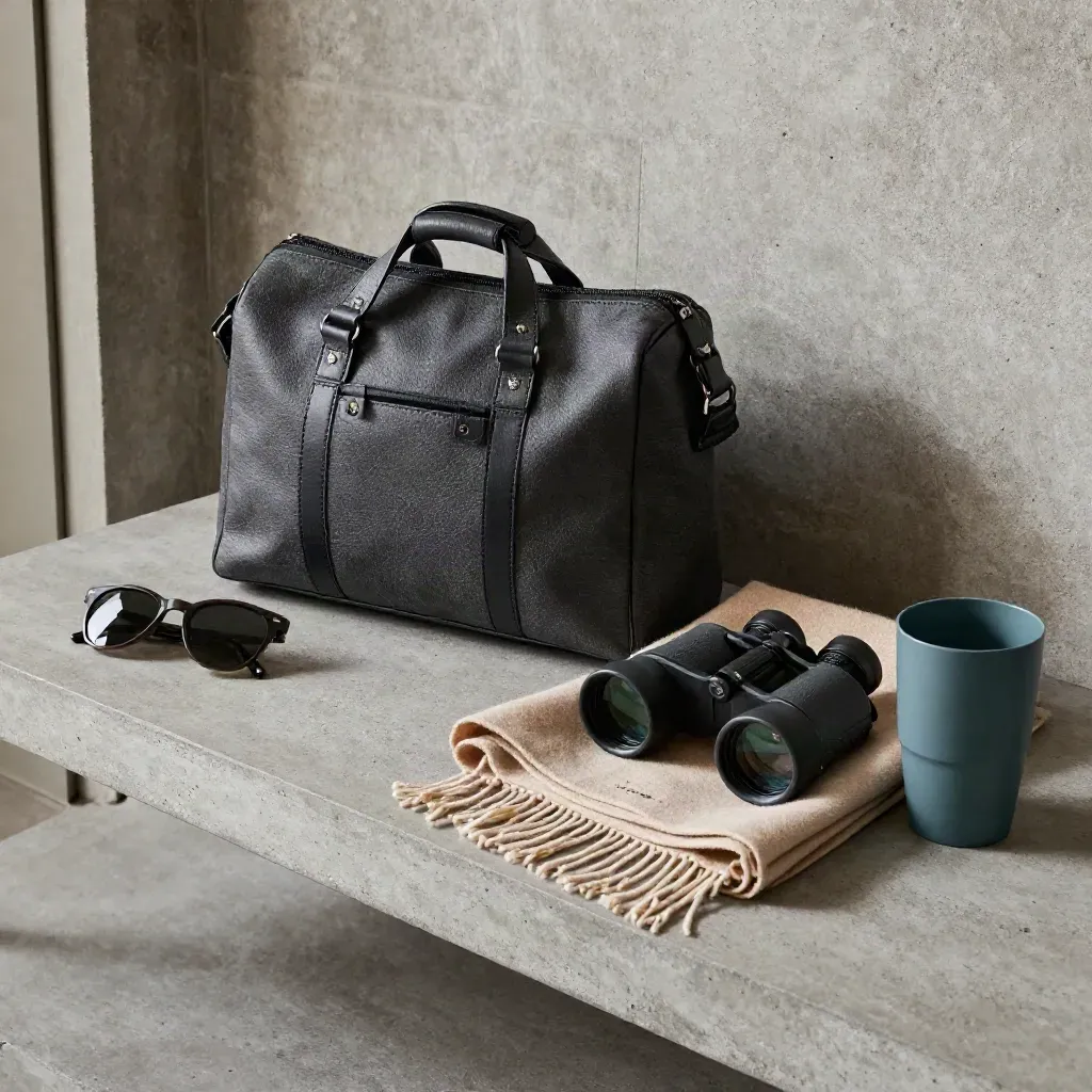Top-down travel satchel with scarf, binoculars, sunglasses case and mug on stone shelf.
