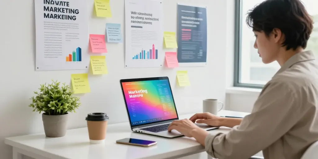 Advertise software to businesses in a modern marketing workspace with analytics displayed and creative ideas noted.
