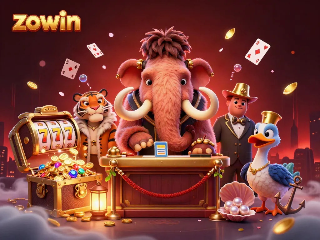 Zowin casino scene features a woolly mammoth bouncer, saber-tooth tiger VIP, and dodo doorman with slot reels and treasure.