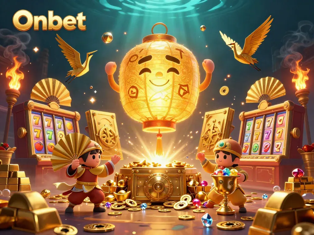 Engage with Onbet at a vibrant night market casino filled with golden treasures and lucky symbols.
